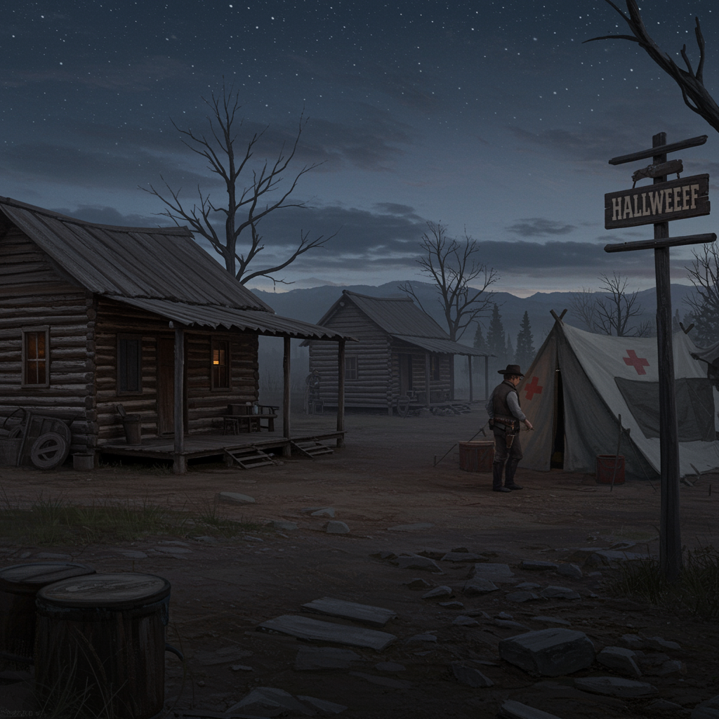 hallowell-frontier-outpost-at-dusk-rugged-cabins