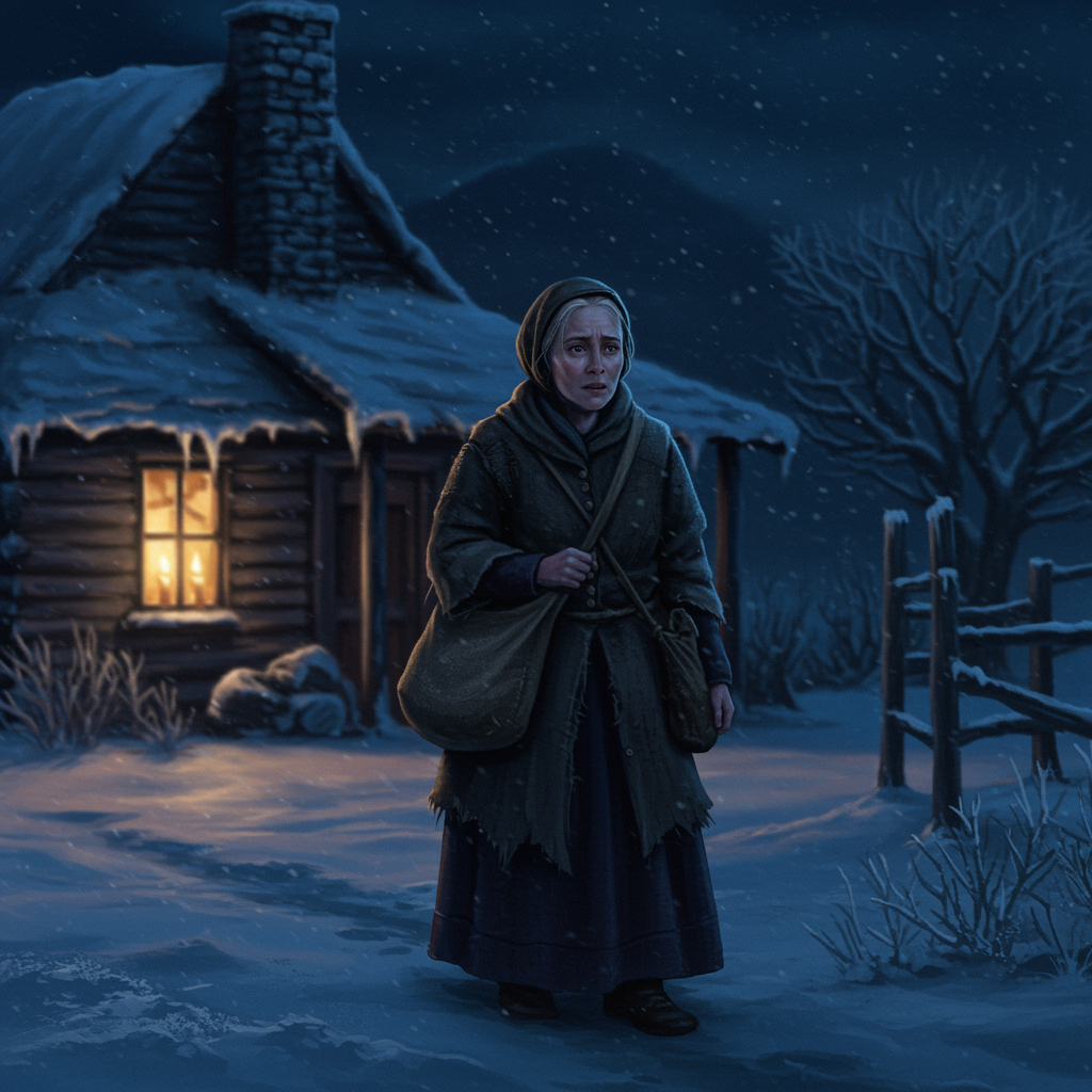 martha-approaching-a-candlelit-cottage-frozen-landscape