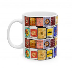 Vintage Poster Collage Ceramic Mug — BOOK Club Stamps Colorful Retro Travel & Food Labels (11oz, 15oz)