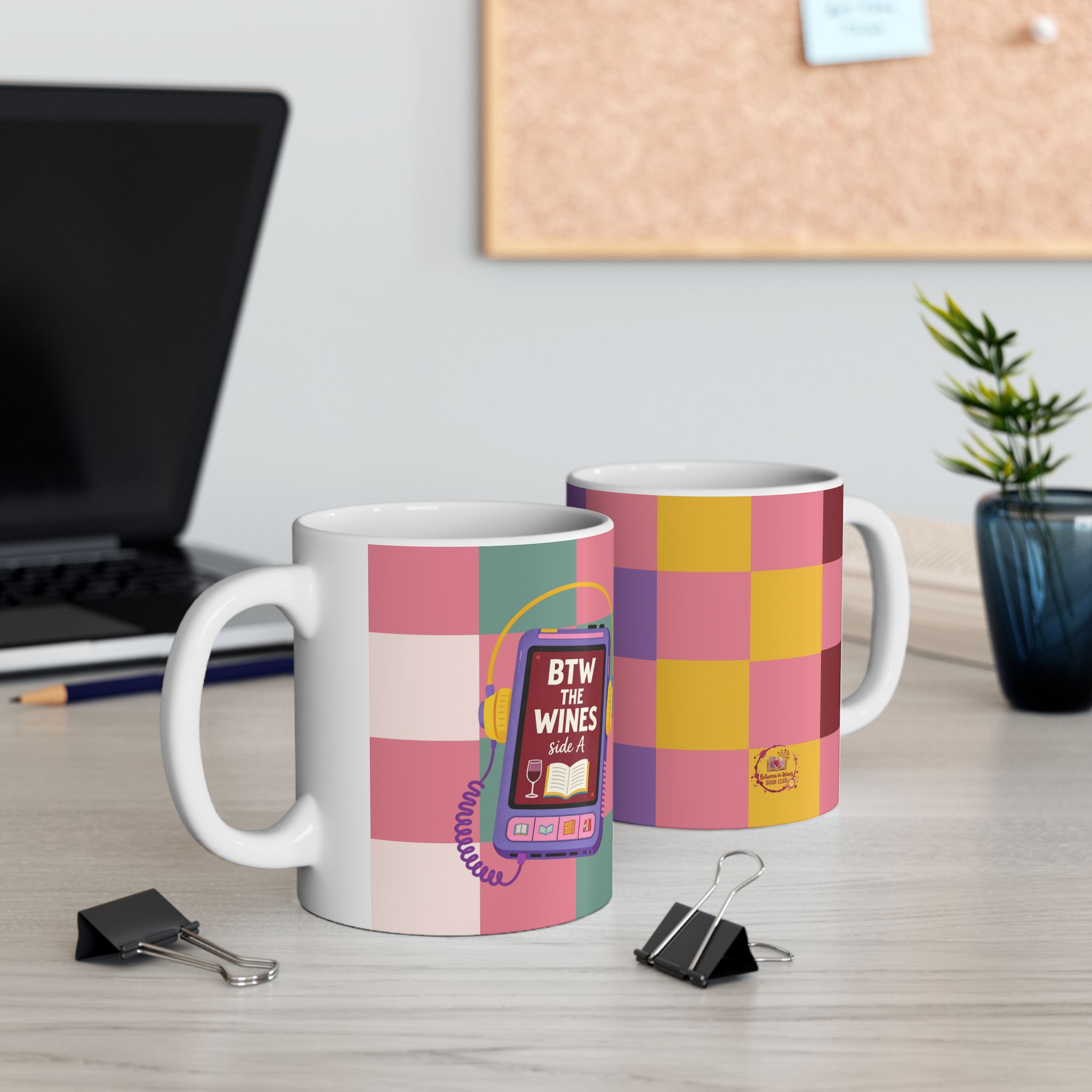 Colorful Checkerboard Ceramic Mug with Retro Cassette Design