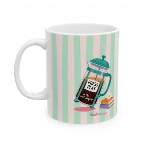 Coffee Mug — Cute Pastel Striped Booklover Design (Reads: "Press Play On the next chapter")