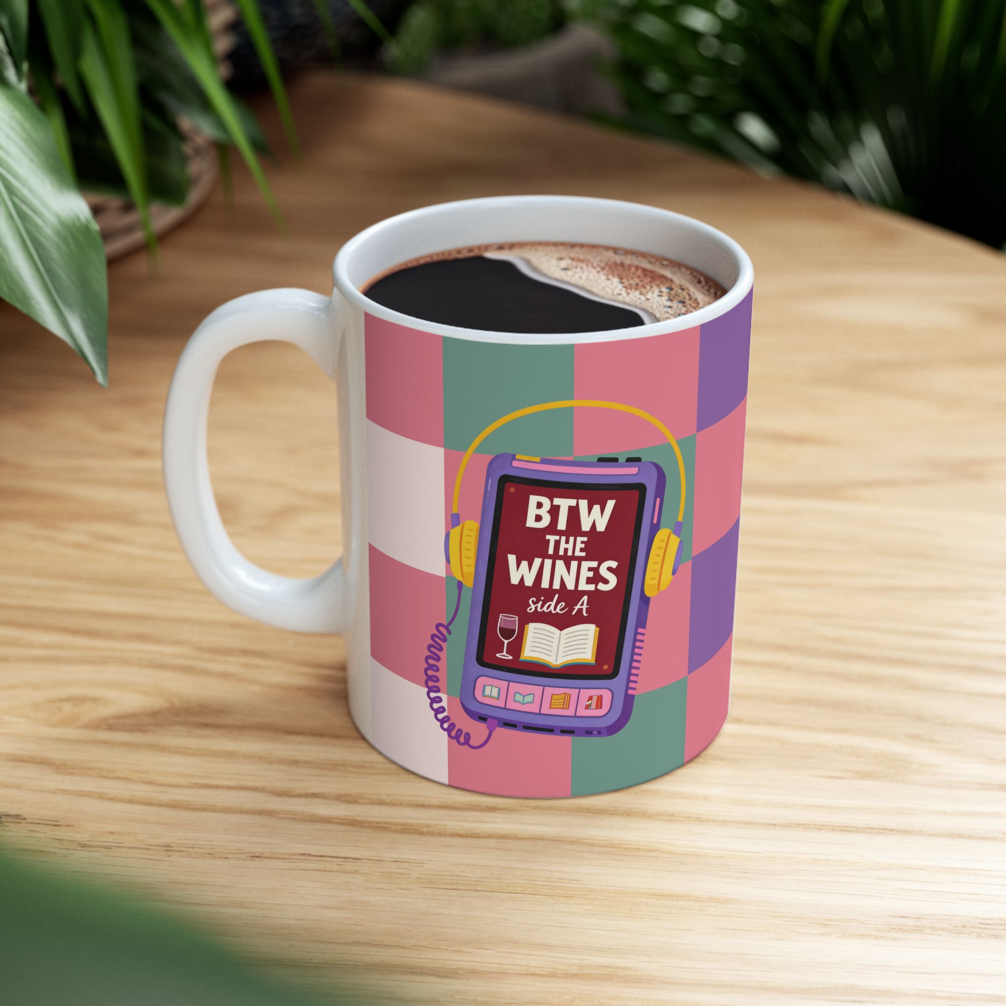 Colorful Checkerboard Ceramic Mug with Retro Cassette Design - Image 2